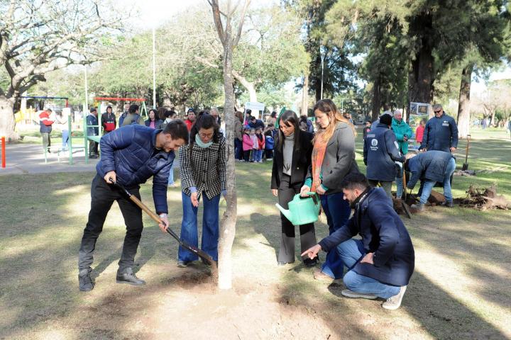 Docentes, alumnos y vecinos plantaron 36 árboles en la Plaza Escalante